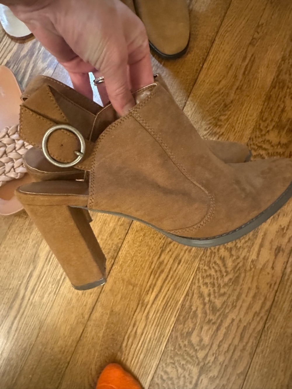 Women's Tan Suede Block Heel Slingback Booties with Ring Accent